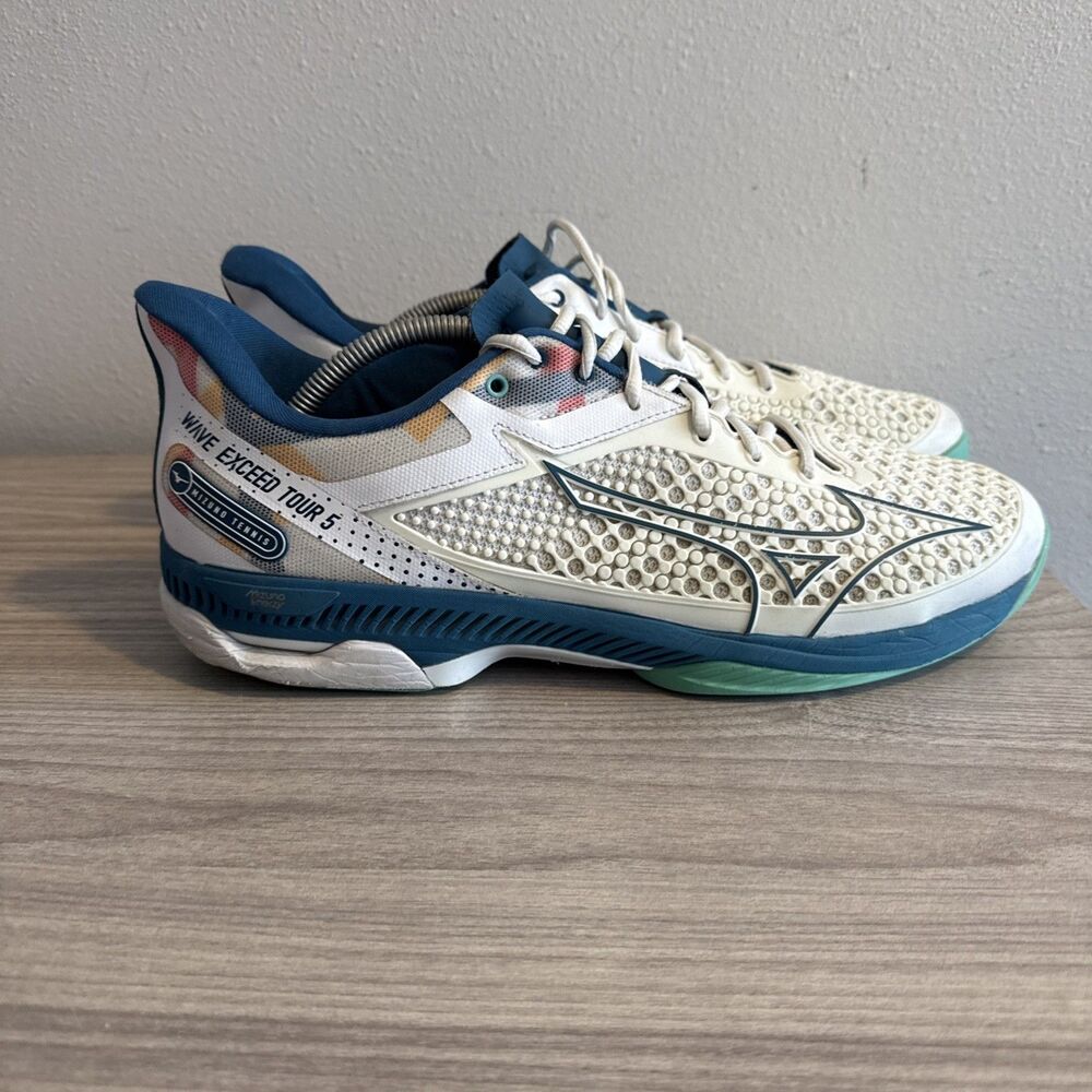 Mizuno Men's Wave‎ Exceed Tour 5 AC Tennis Shoes White/Teal/Blue Sz 12 Sneakers